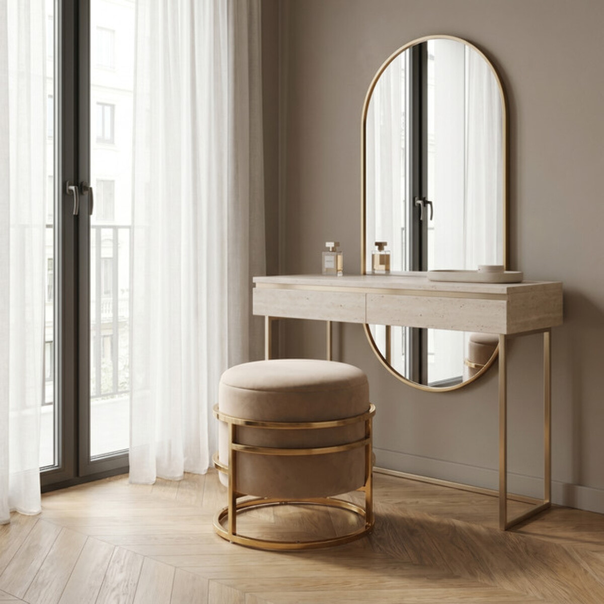 Pouf Contenitore Rotondo in Velluto con Coperchio e Base in Acciaio Dorata, Seduta Imbottita con Vano Contenitore dallo Stile Elegante per Soggiorno, Camera da Letto e Ingresso