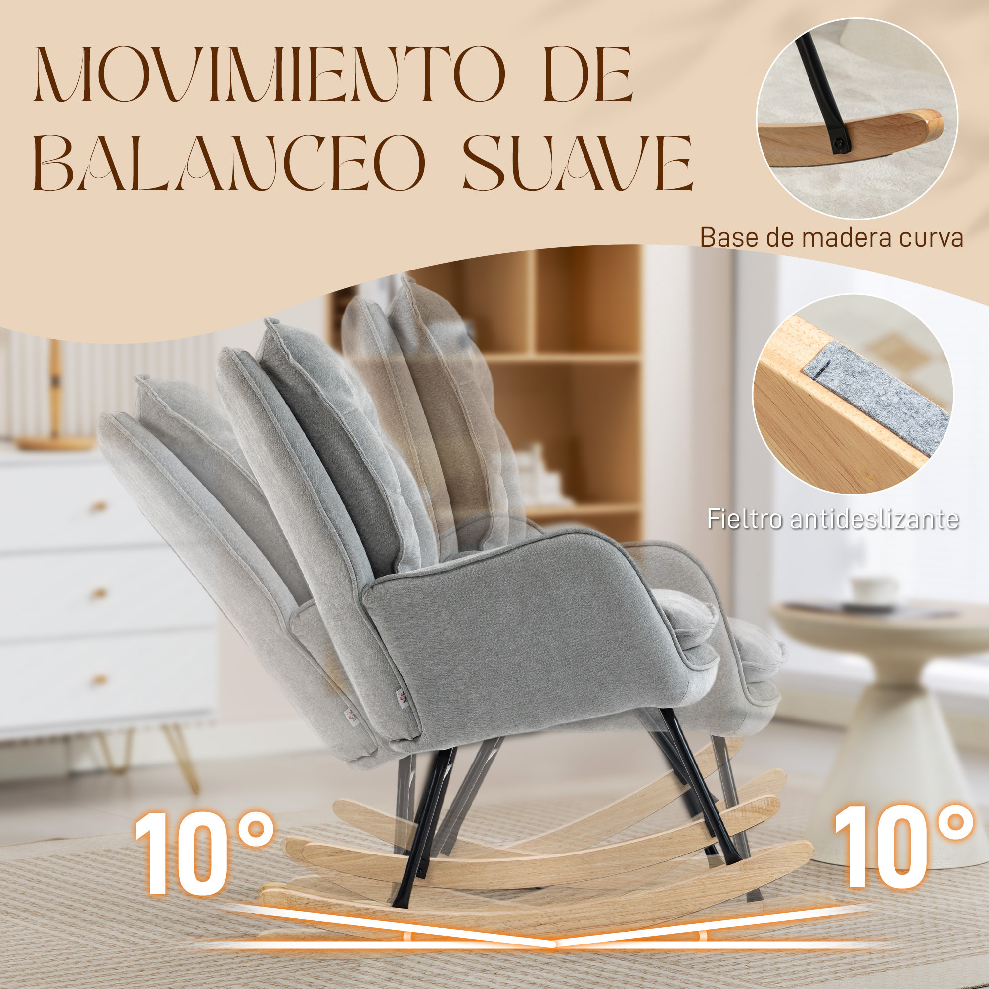 Silla Mecedora Moderna, Mecedora Tapizada en Chenilla, Sillón de Lactancia con Respaldo Ancho, Acolchado Grueso, Patas de Madera, Reposabrazos, para Dormitorio, Salón, Gris Claro