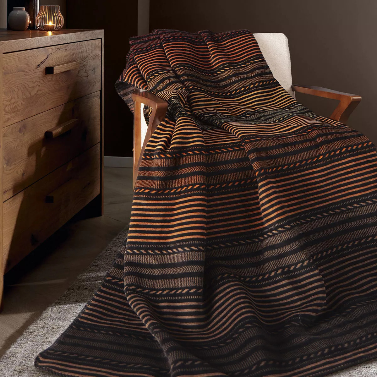 Plaid coton mélangé 415 g/m² motif jacquard orange noir Bambous ocre