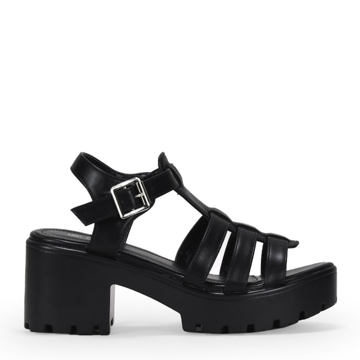 Sandalias cangrejeras negras con tacón y suela dentada