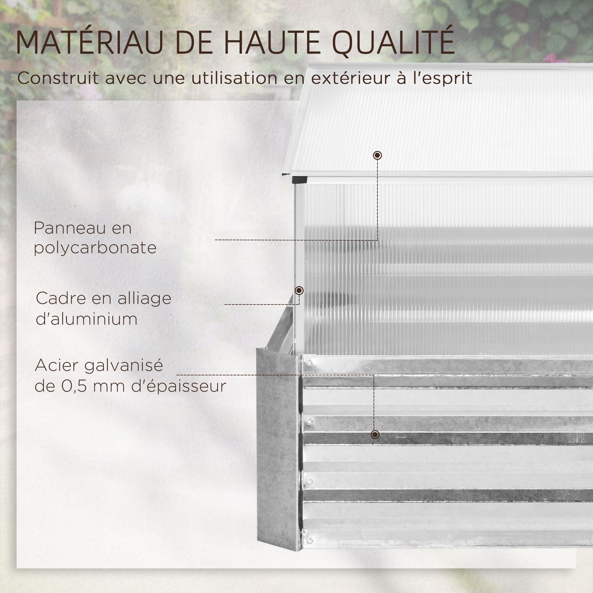Mini serre de jardin carré potager 2 lucarnes dim. 126L x 107l x 67H cm alliage alu. acier galvanisé ondulé polycarbonate