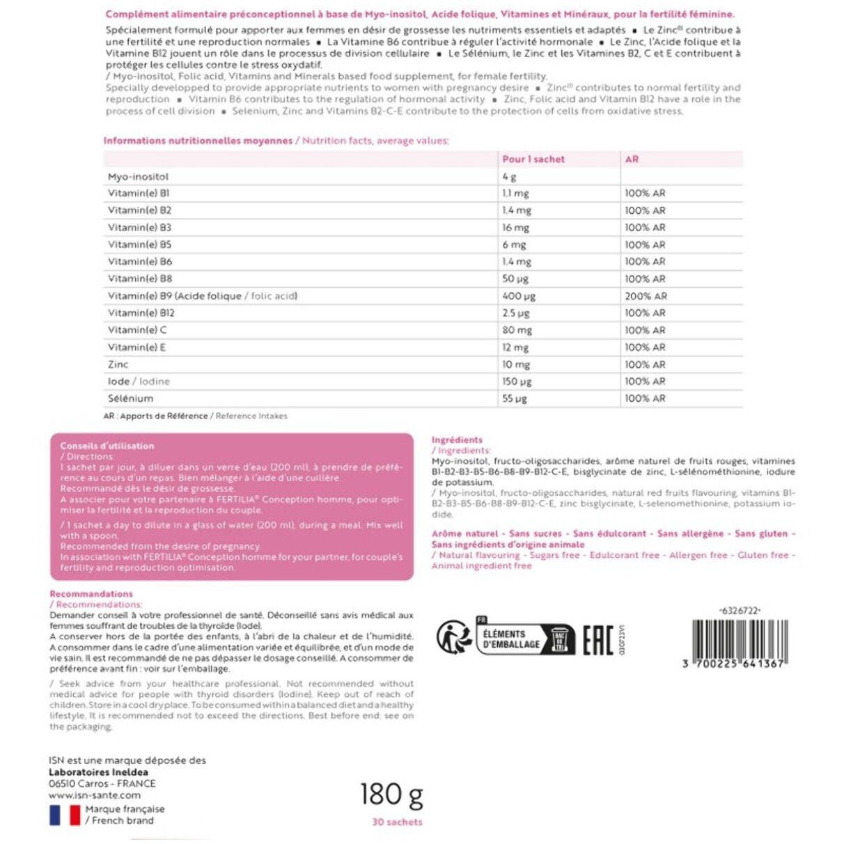 ISN - Fertilia Conception Femme - Complément alimentaire à base de Myo-inositol, Acide Folique, Iode et antioxydants - Favorise une fertilité normale chez la femme - Cure 30 jours