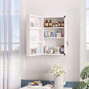Botiquín de Pared de Primeros Auxilios, Botiquín de Medicinas con 6 Compartimentos, Cerradura y 2 Llaves, para Baño, Cocina, Recibidor, 40x18x60 cm, Blanco