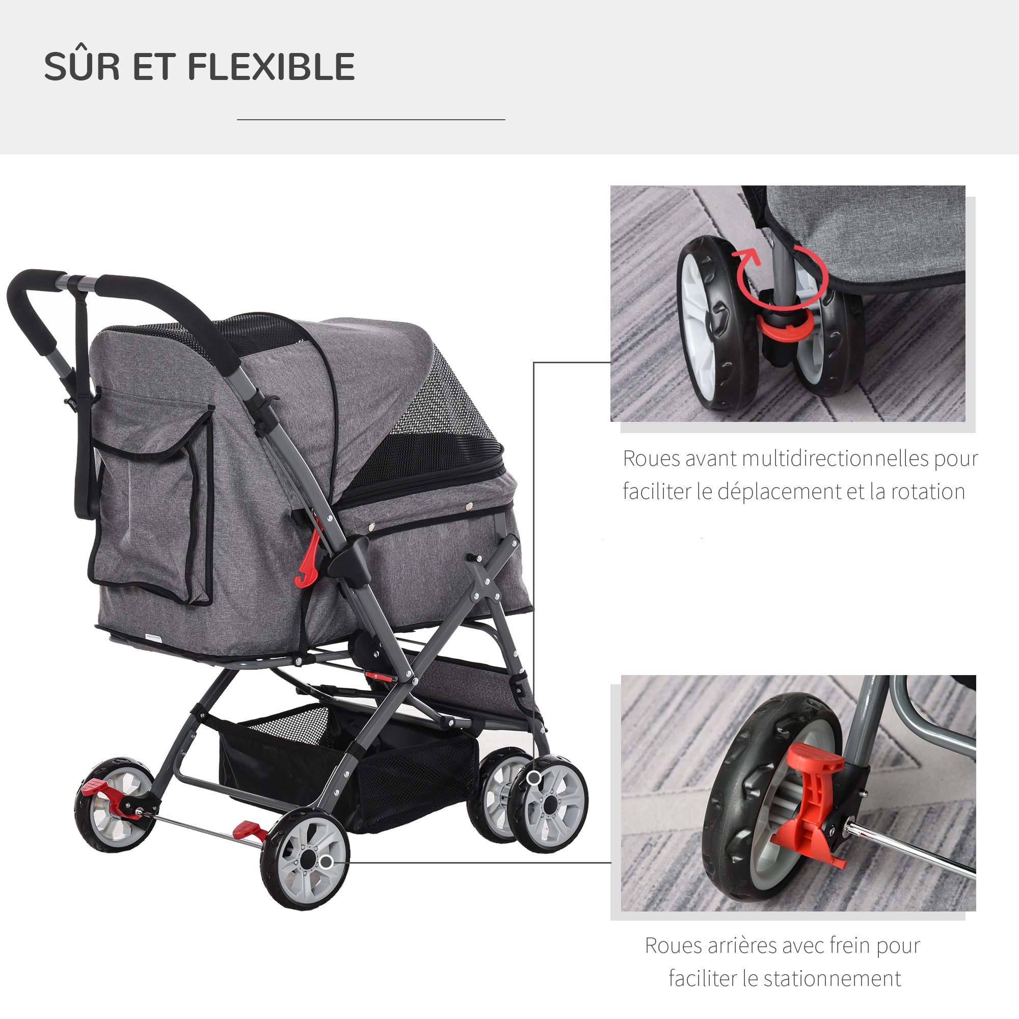 Poussette buggy pliable chien chat panier et sac de rangement attaches sécurité housse réglable poignée réversible acier Oxford gris chiné noir