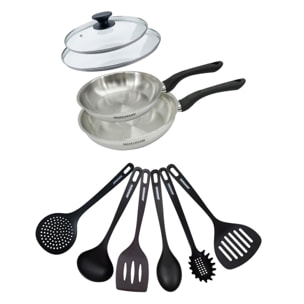 Set 2 poêles en inox, couvercles verre et 6 ustensiles RPET Fackelmann Geneva