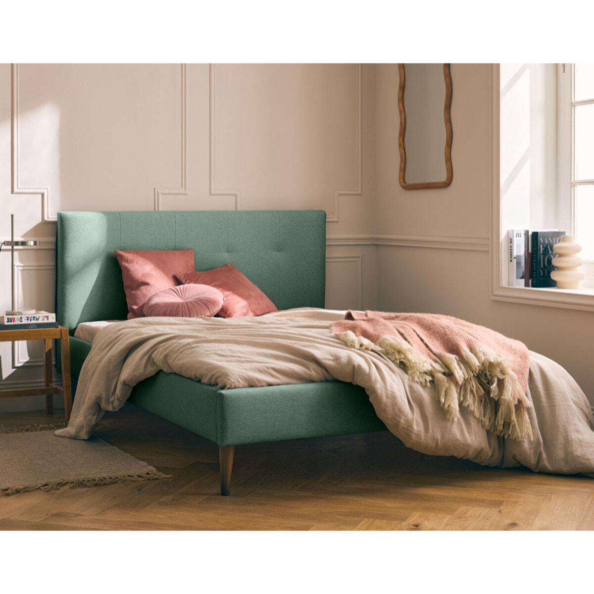 Monet - lit - 160x200 - sommier inclus - en tissu - Vert sauge