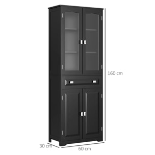 Armoire de cuisine buffet haut 4 portes 3 étagères tiroir verre trempé panneaux MDF noir