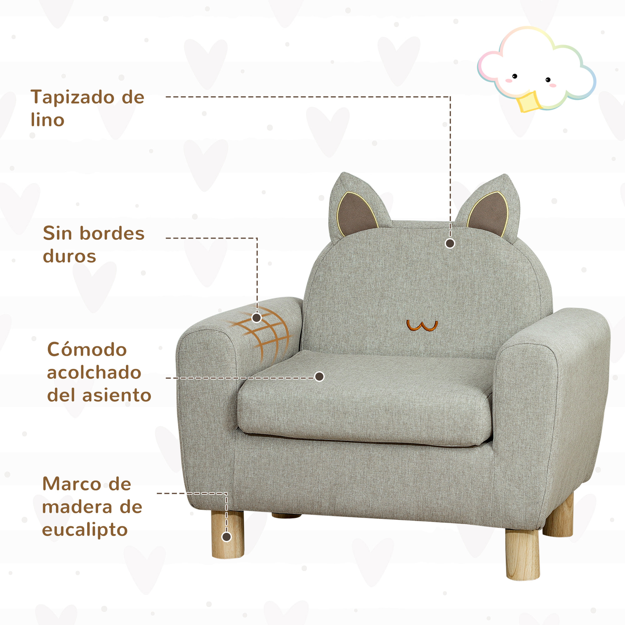 Sillón Infantil Mini Sofá para Niños de +3 Años con Asiento Acolchado Reposabrazos Bolsillo de Almacenamiento y Estructura de Madera Carga 45 kg 61x42x53 cm Gris