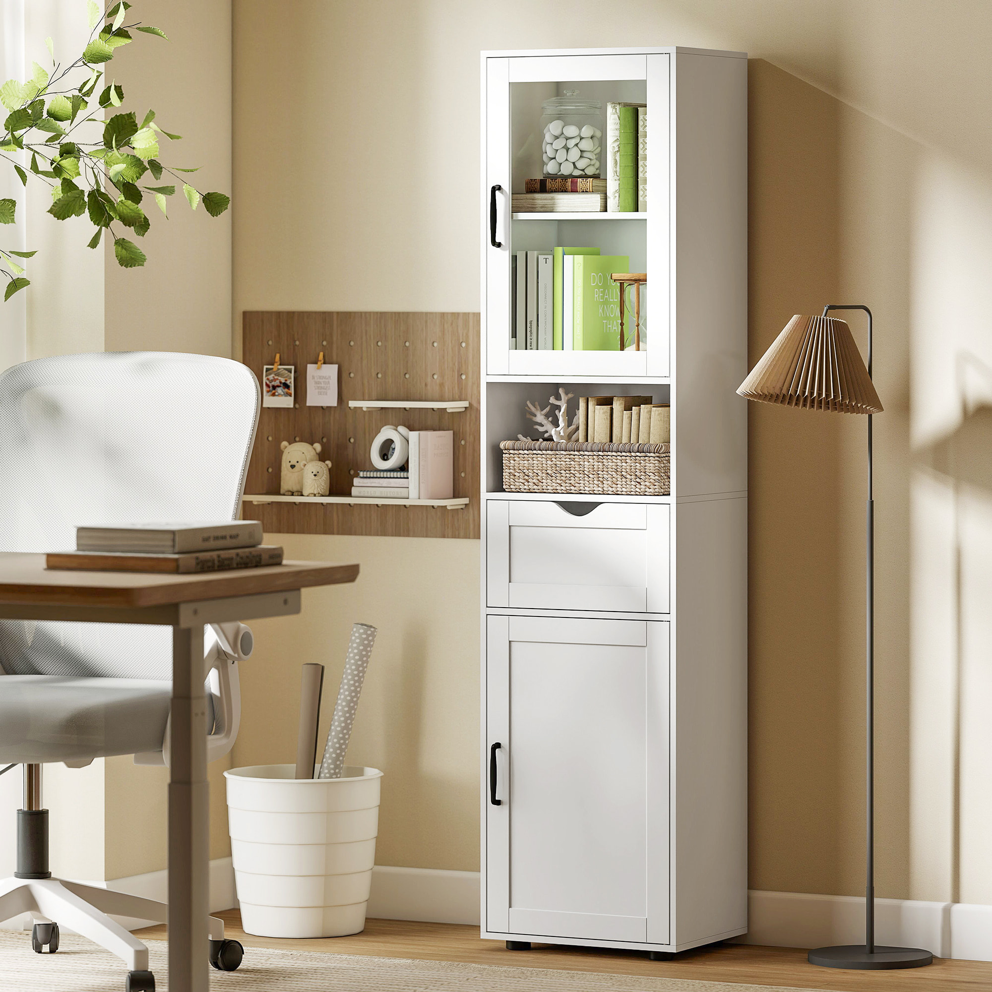 Armario de Baño Alto, Mueble Auxiliar de Baño con Puerta de Vidrio, Estantes Ajustables, Cajón, Estante Abierto, Columna Estrecha para Espacios Pequeños, 40x30x165 cm, Blanco