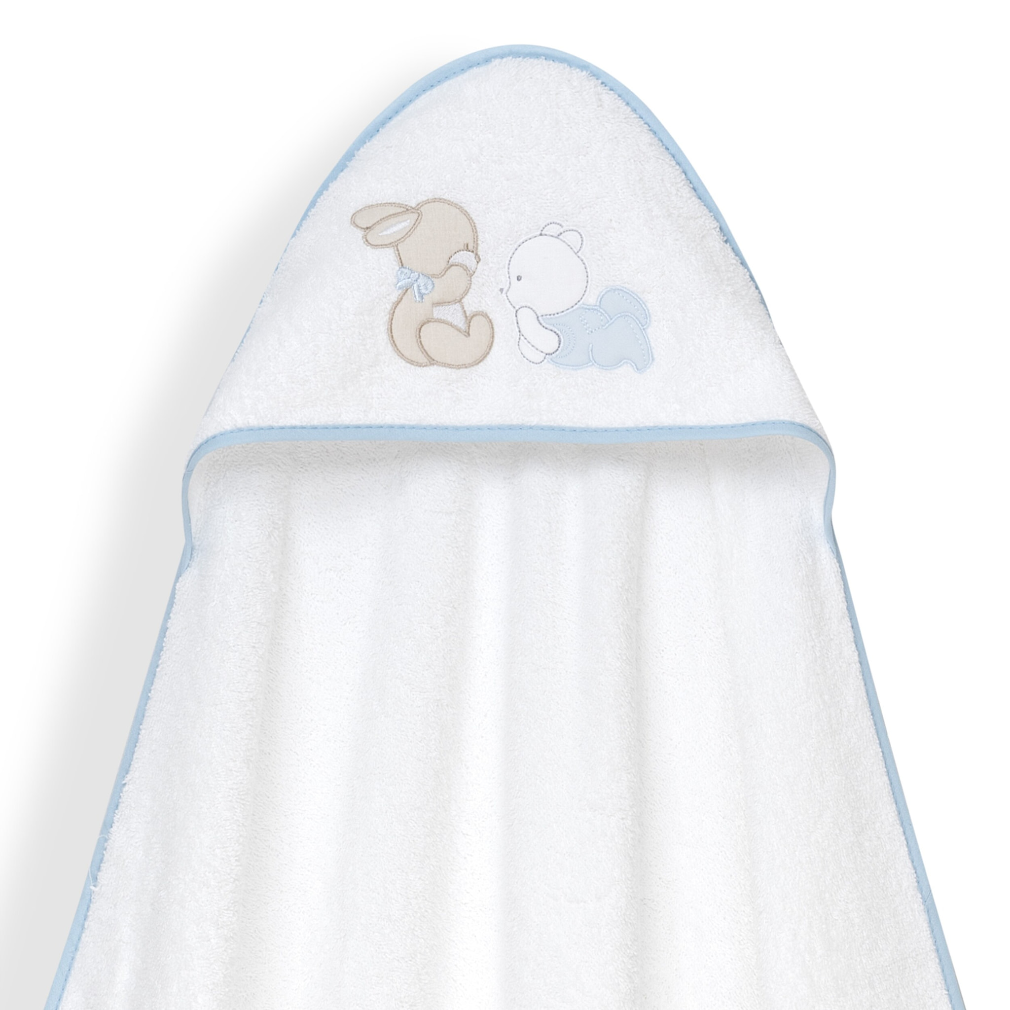 Capa Baño 1X1 Mod Oso Tumbado Conejito+Gorro Bco/Azul