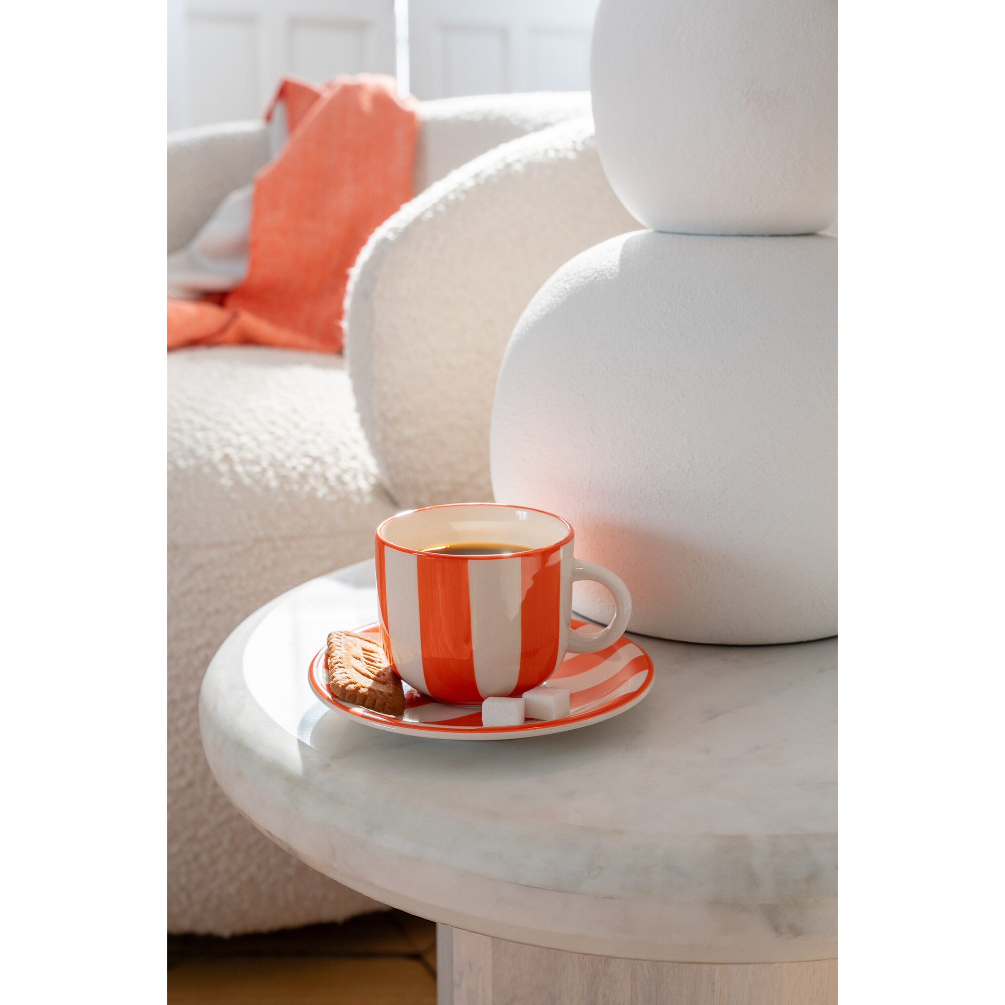 J-Line Tasse + Sous-tasse Ligné - céramique - orange/blanc - 6 pièces