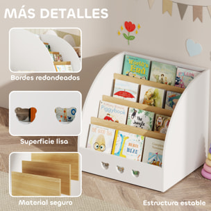Estantería Infantil para Juguetes con Compartimento Oculto Organizador de Juguetes de 4 Niveles con Ruedas para Habitación Infantil Sala de Juegos Guardería Blanco y Natural