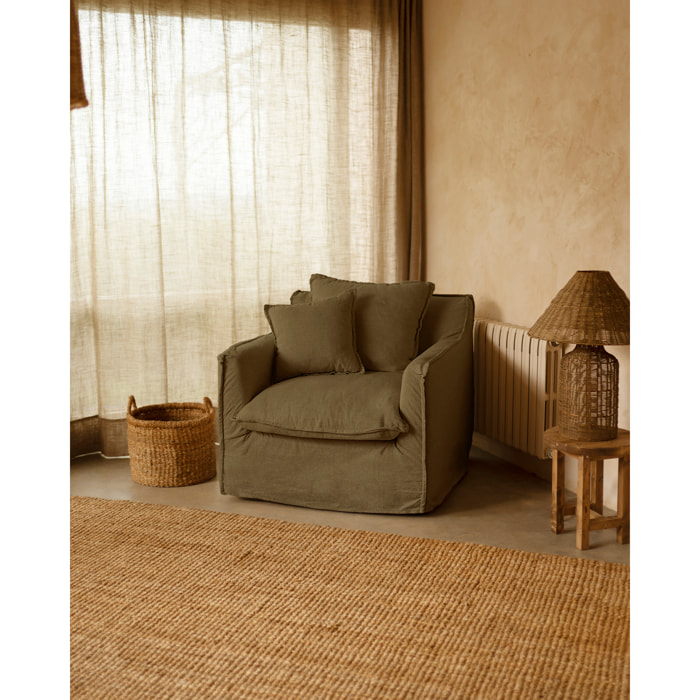 Fauteuil en coton et lin déhoussable ton vert de 98x90cm Hauteur: 81 Longueur: 98 Largeur: 90