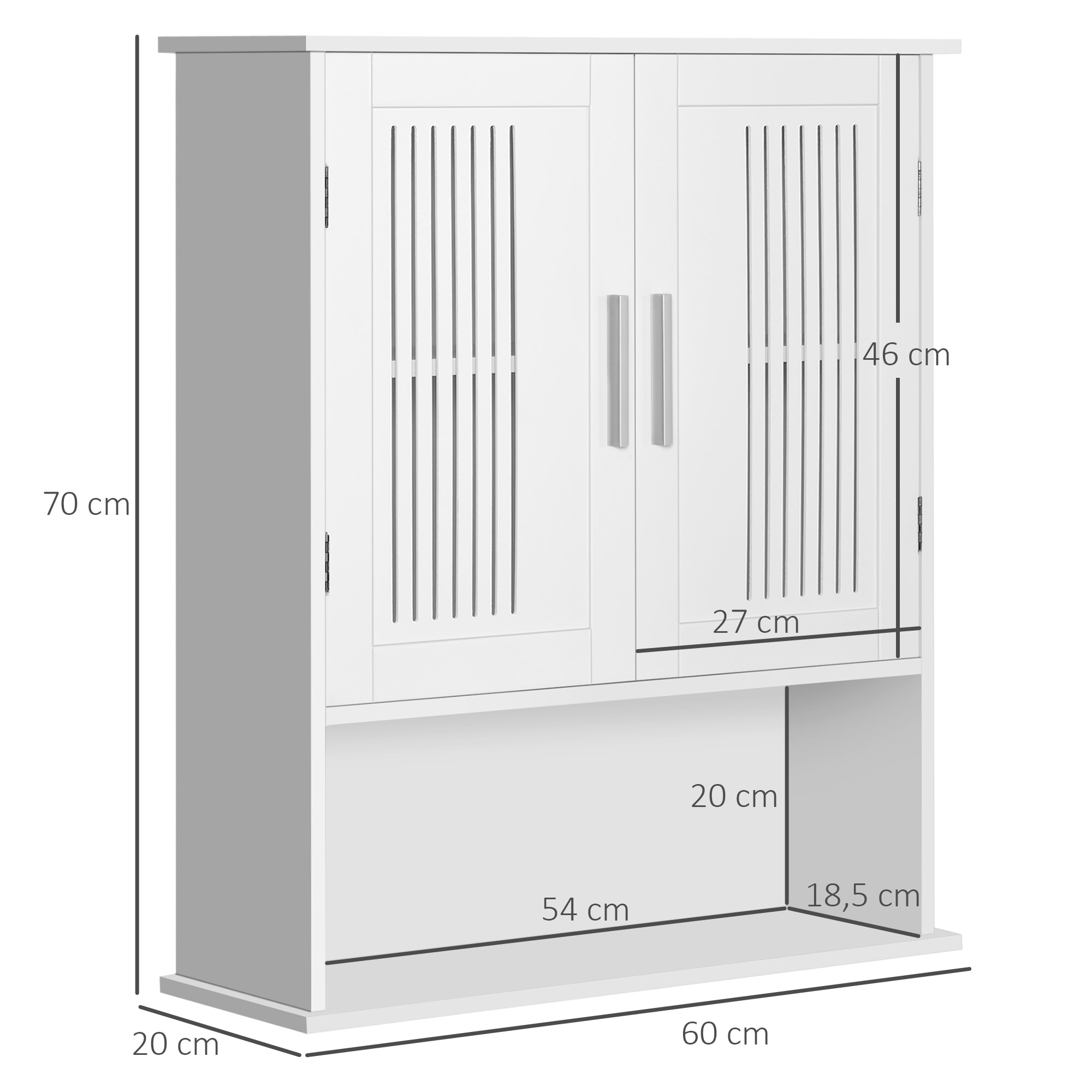 Armario de Pared para Baño Multiusos Mueble de Baño Suspendido Armario Colgante de Almacenamiento con 2 Puertas de Listones Estante Ajustable y Compartimento 60x20x70 cm Blanco