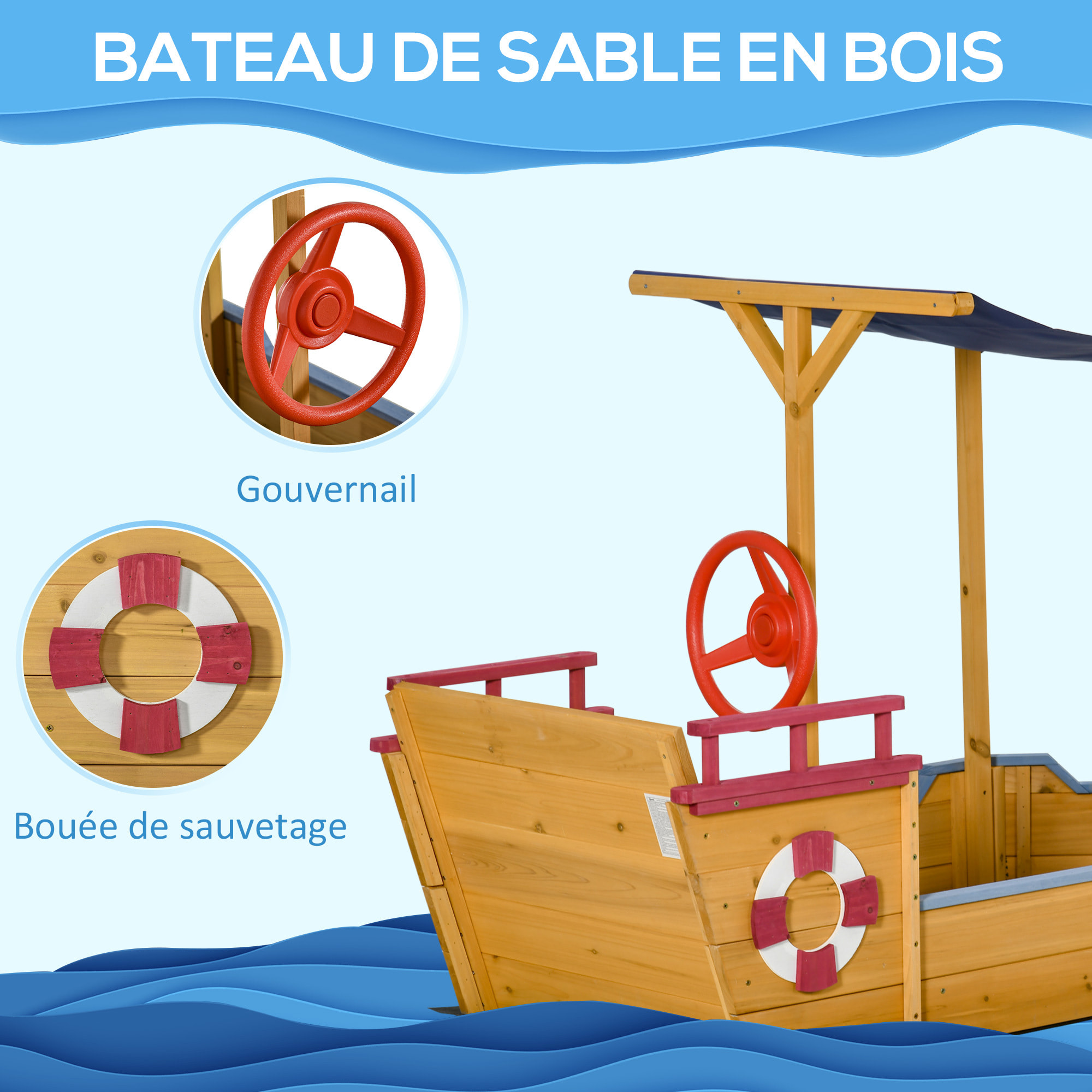 Bac à sable bateau de pirate en bois - voile d'ombrage, coffre rangement, gouvernail - bois sapin pré-huilé