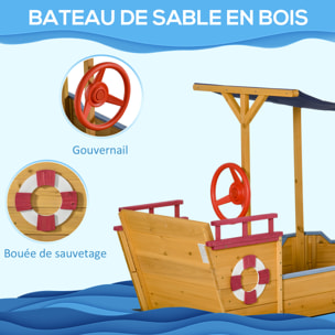 Bac à sable bateau de pirate en bois - voile d'ombrage, coffre rangement, gouvernail - bois sapin pré-huilé