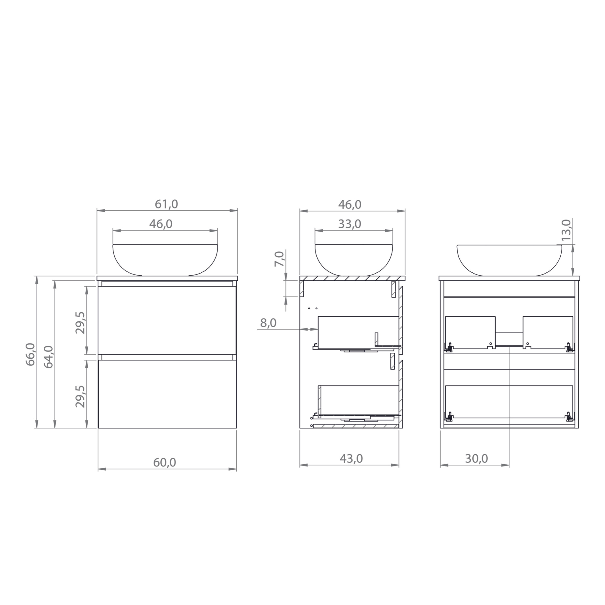 Conjunto de Baño Nia | Mueble Suspendido | 60 cm Glaciar | Dos Cajones | Lavabo Sobrepuesto | No incluye Espejo | Mueble Montado| Alday