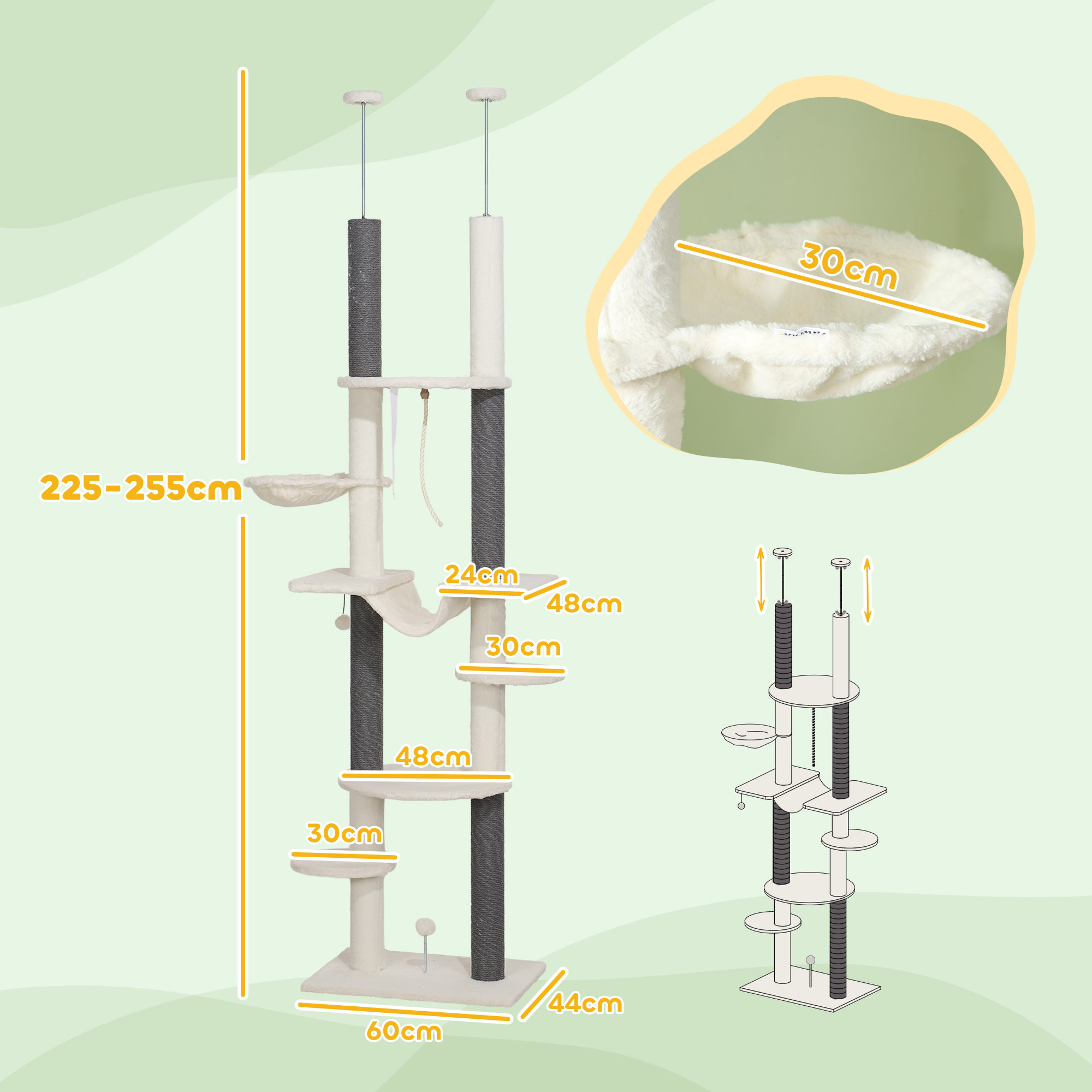 Árbol para Gatos de Suelo a Techo 225-255 cm Árbol Rascador para Gatos de 7 Niveles Torre para Gatos con Hamacas Plataformas Juguete de Cuerda Bola de Juguete Crema y Gris