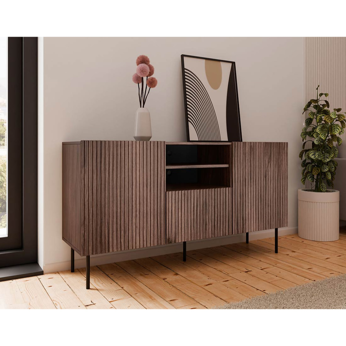Franco - buffet bas - effet bois - 150 cm - Bois / Noir