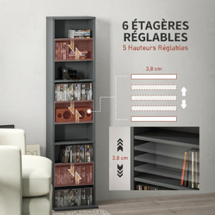 Étagère pour CD et DVD - 9 compartiments, 6 étagères réglables - 33x24x140cm - gris