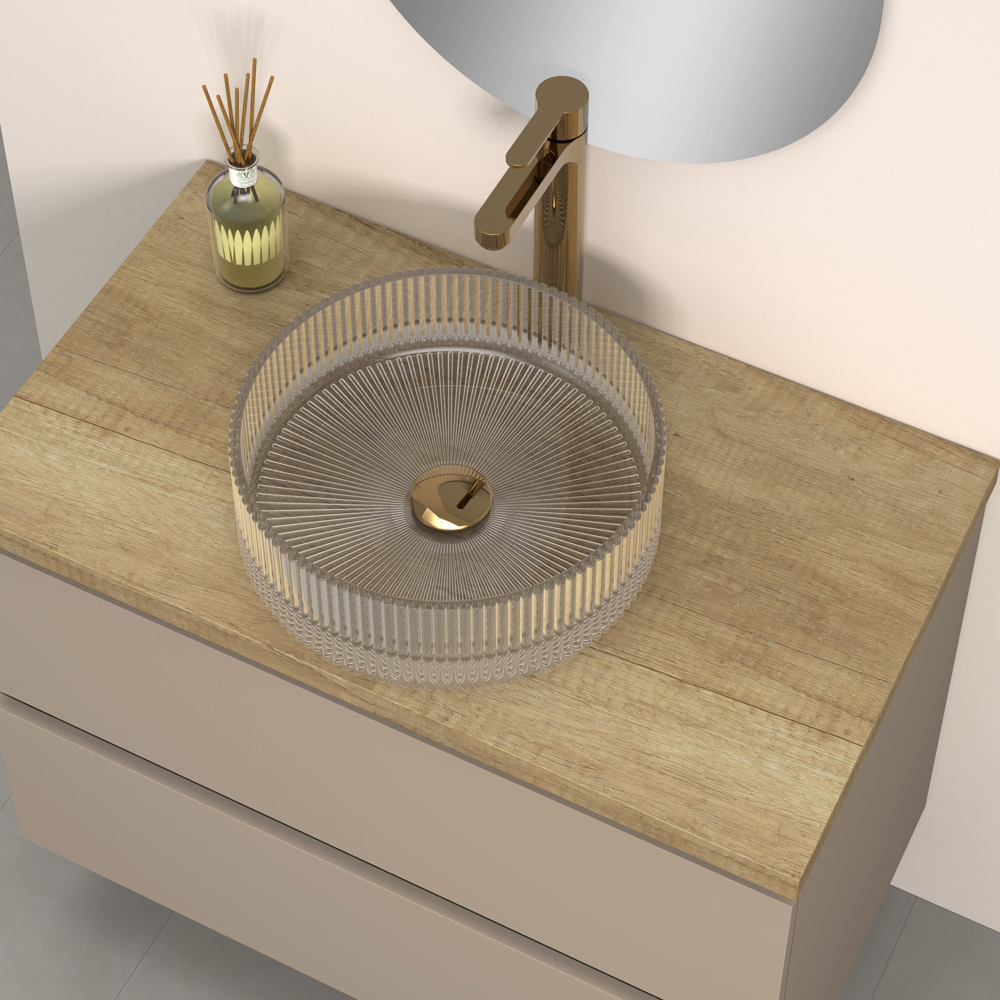 Conjunto de Baño Kub | 80 cm Visón | Dos Cajones | Lavabo de Cristal | No incluye Espejo | Mueble Montado | Alday
