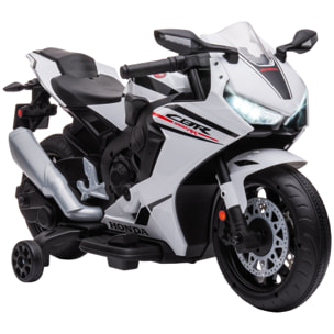 Moto Eléctrica con Licencia HONDA para Niños de 3-5 Años Moto a Batería 6V con Faro Bocina Música y Ruedas Auxiliares Extraíbles Carga 30 kg 90x44x52 cm Blanco