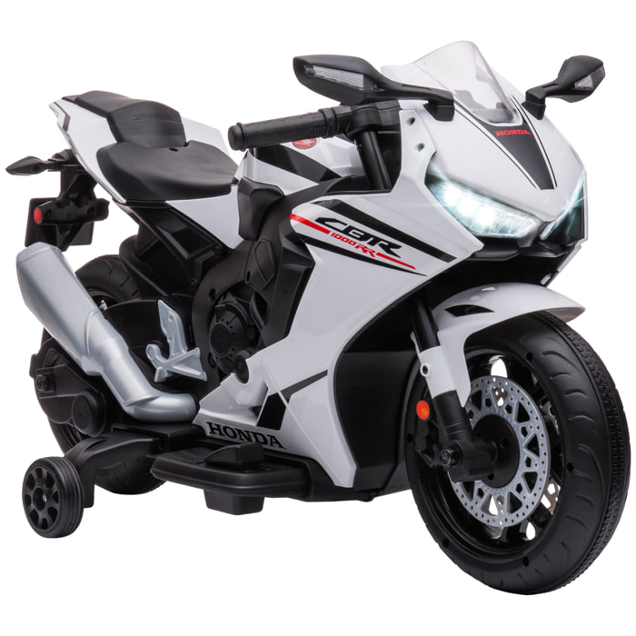 Moto Eléctrica con Licencia HONDA para Niños de 3-5 Años Moto a Batería 6V con Faro Bocina Música y Ruedas Auxiliares Extraíbles Carga 30 kg 90x44x52 cm Blanco