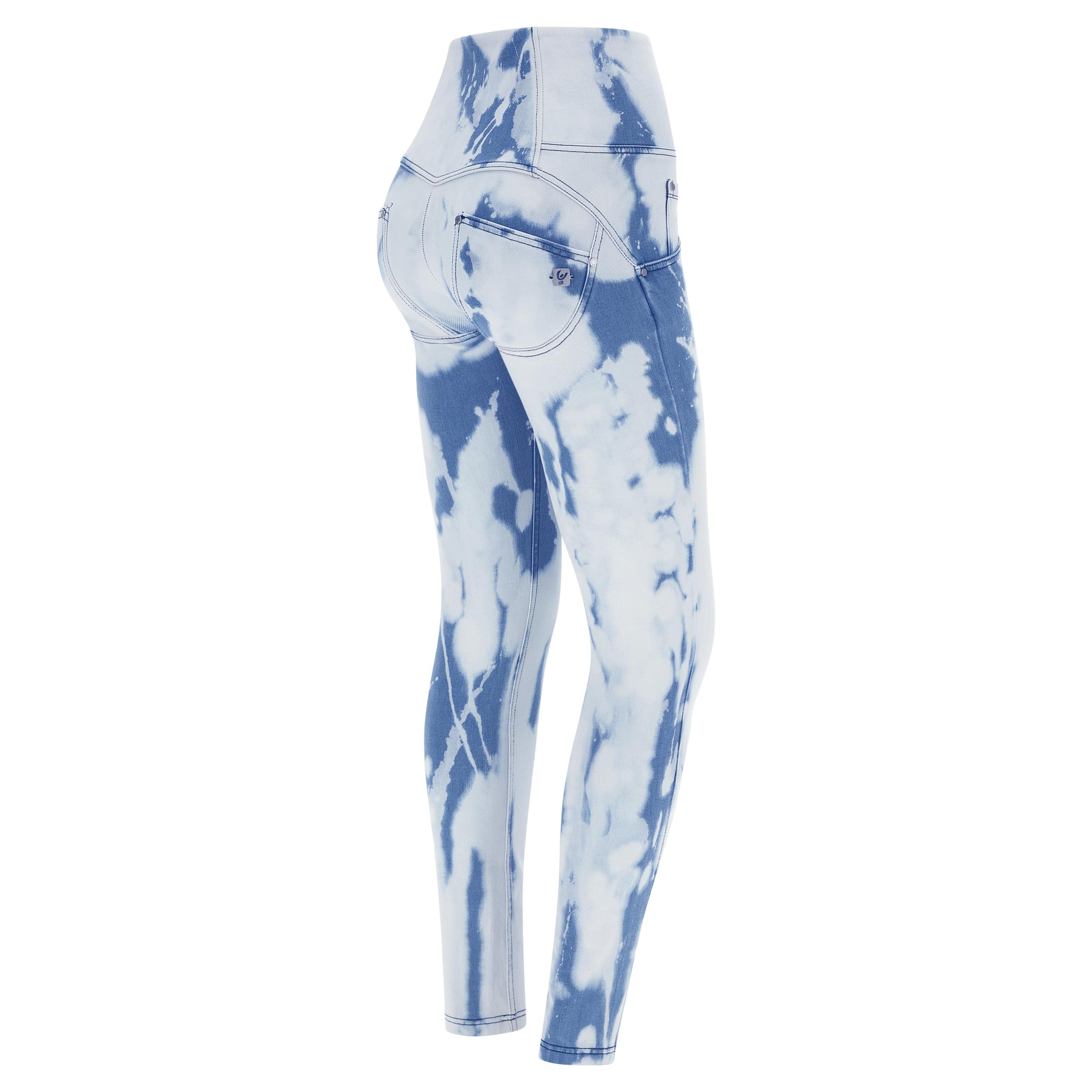 Jeans push up WR.UP® denim tie-dye blu e bianco a vita alta