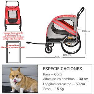 PawHut Remolque de Bicicleta Perros 2 en 1 Carrito Transporte para Mascotas con Puertas Enrollables Ventanas Cinturón de Seguridad Bandera y 6 Reflectores 140x72,5x108 cm Rojo