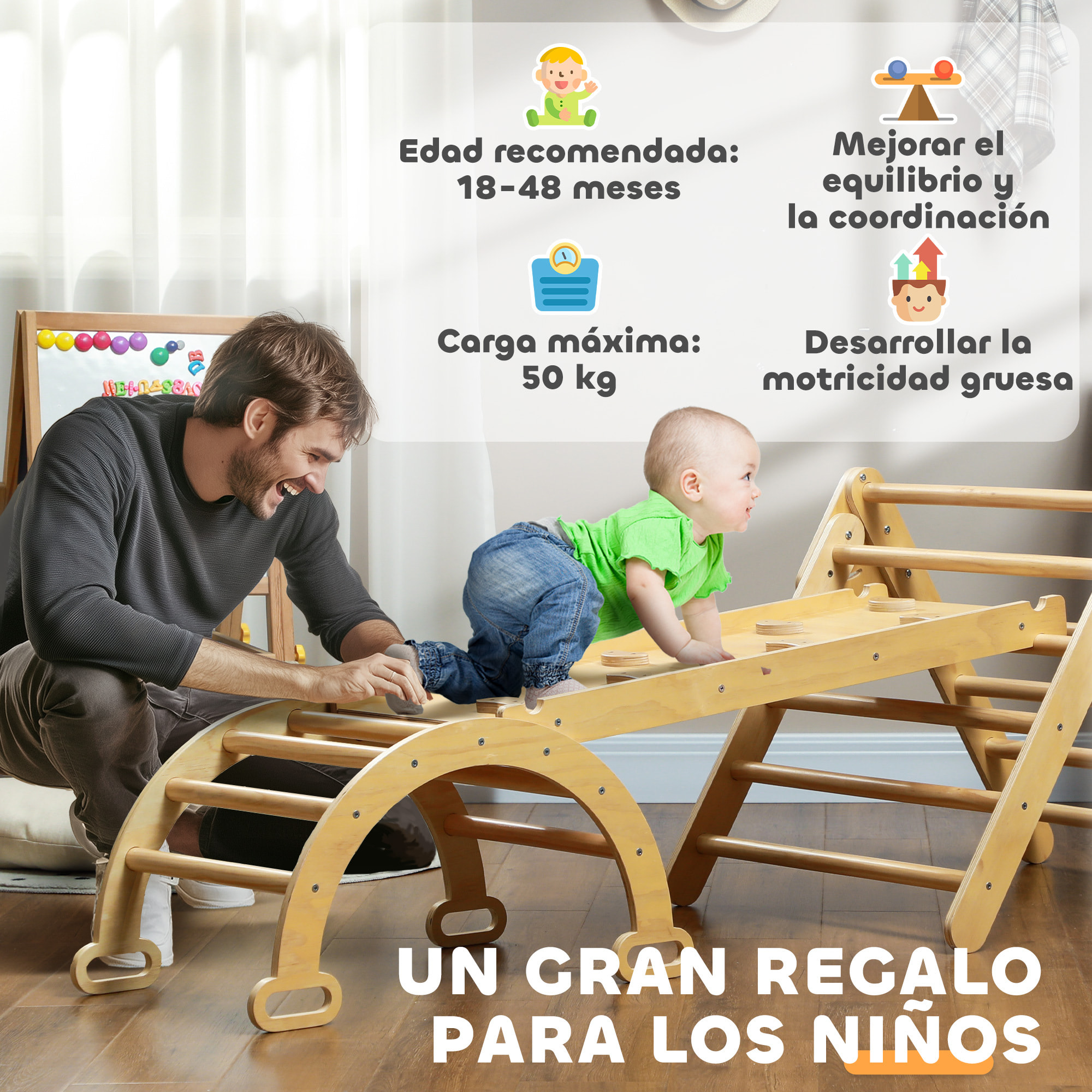 5 en 1 Triángulo de Escalada Montessori con Arco y Rampa, Escalada para Niños de Madera Plegable, para 18-48 Meses, para Deslizarse o Escalar, 178x64,5 cm, Madera Natural