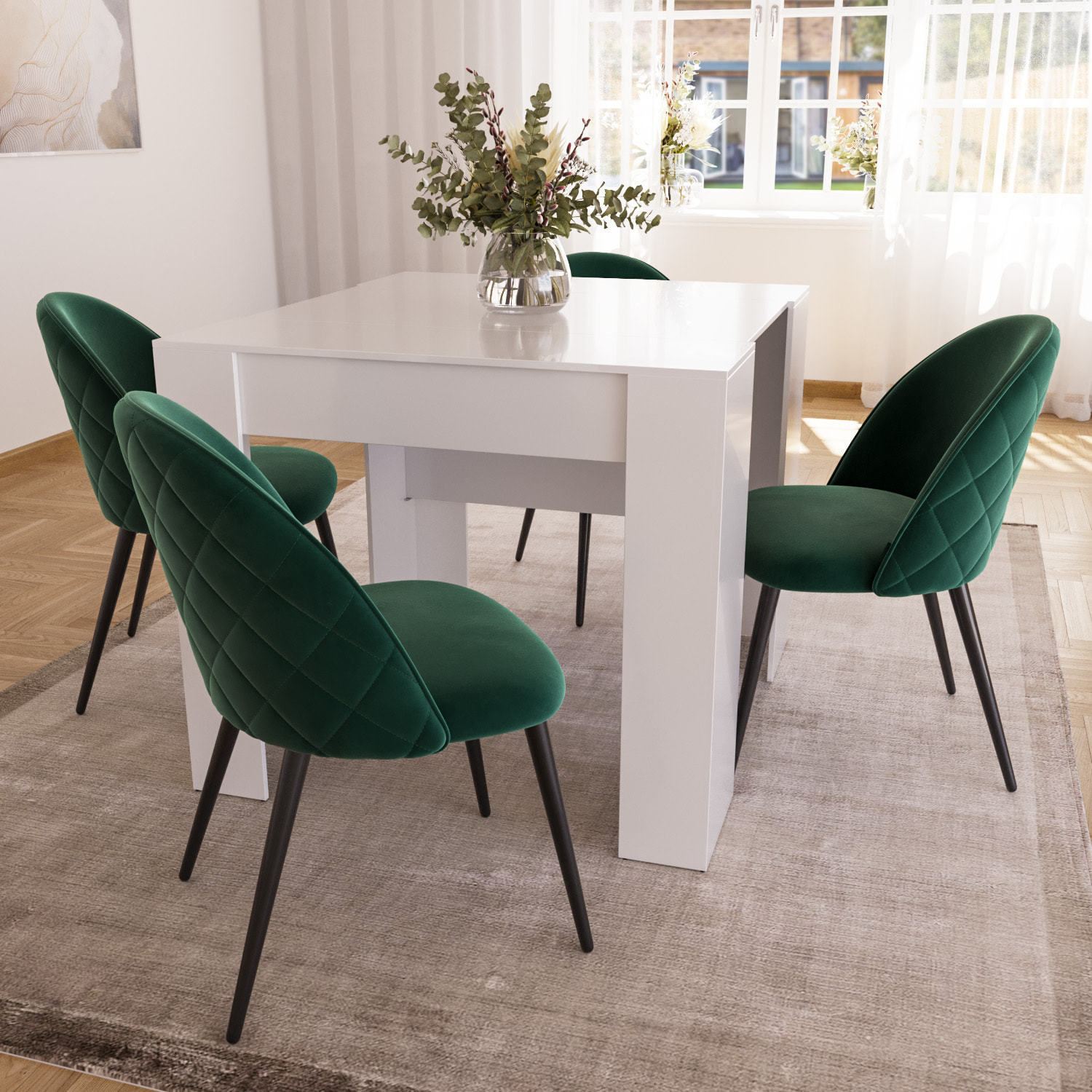 Set di 4 Sedie Imbottite Da Pranzo In Velluto Sedia Gambe In Metallo Nero Schienale Soggiorno Salotto Camera 43 x 47.5 x 80 Cm (Verde Scuro)