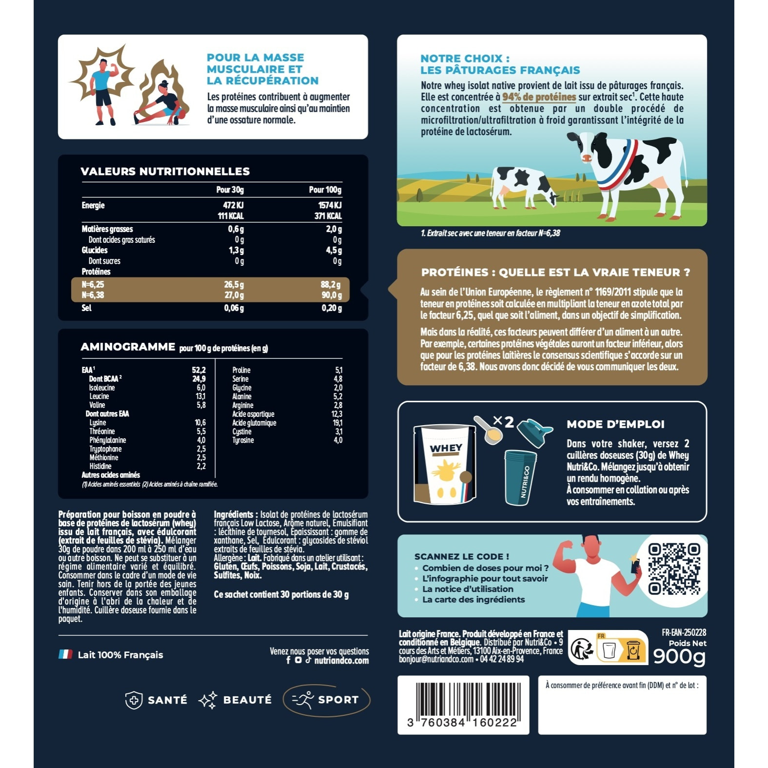 Nutri&Co Protéines Whey Isolat Native 94% en poudre - 900gr Goût Vanille