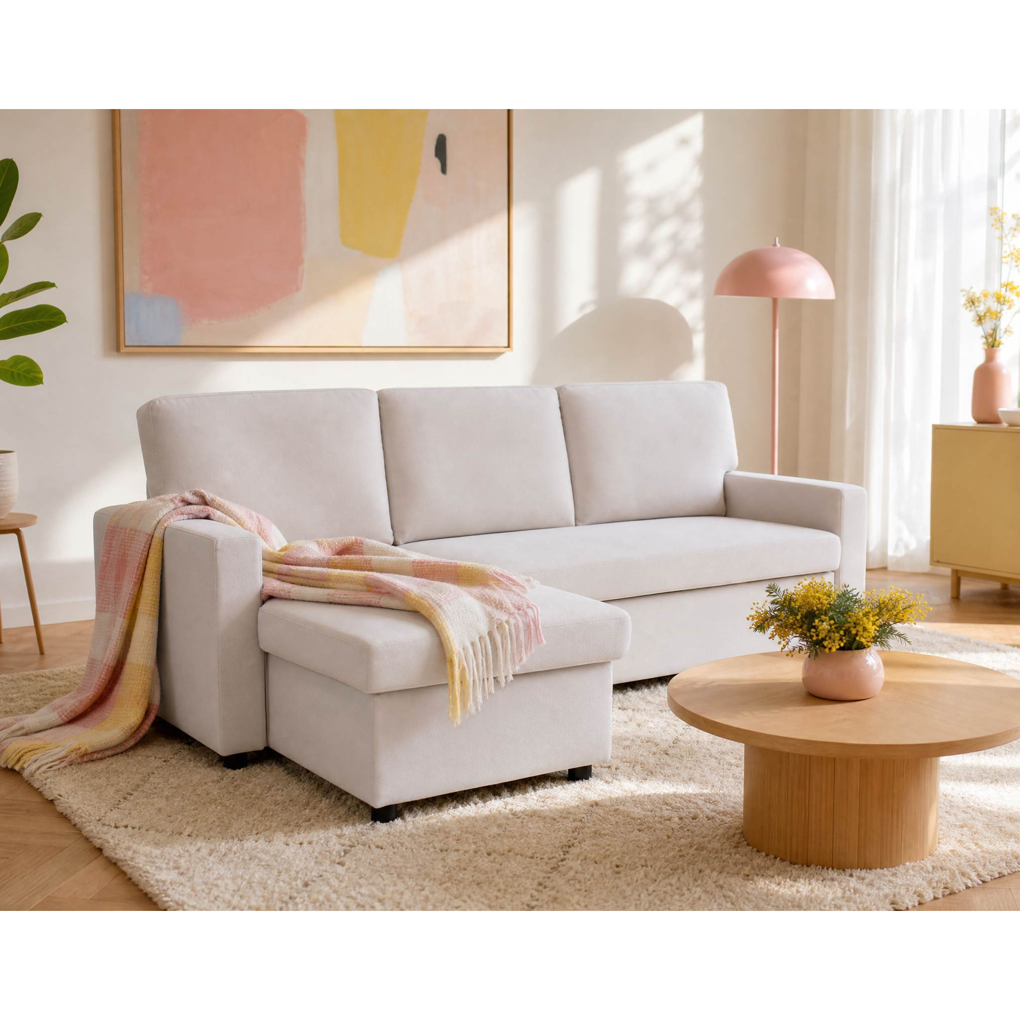 Meiya - canapé d'angle réversible 4 places convertible avec coffre en tissu - Beige