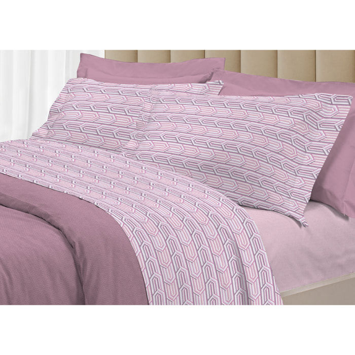 Completo Lenzuola Linea 3027 In Percalle Fantasia Geometrico Disegno Henry Rosa