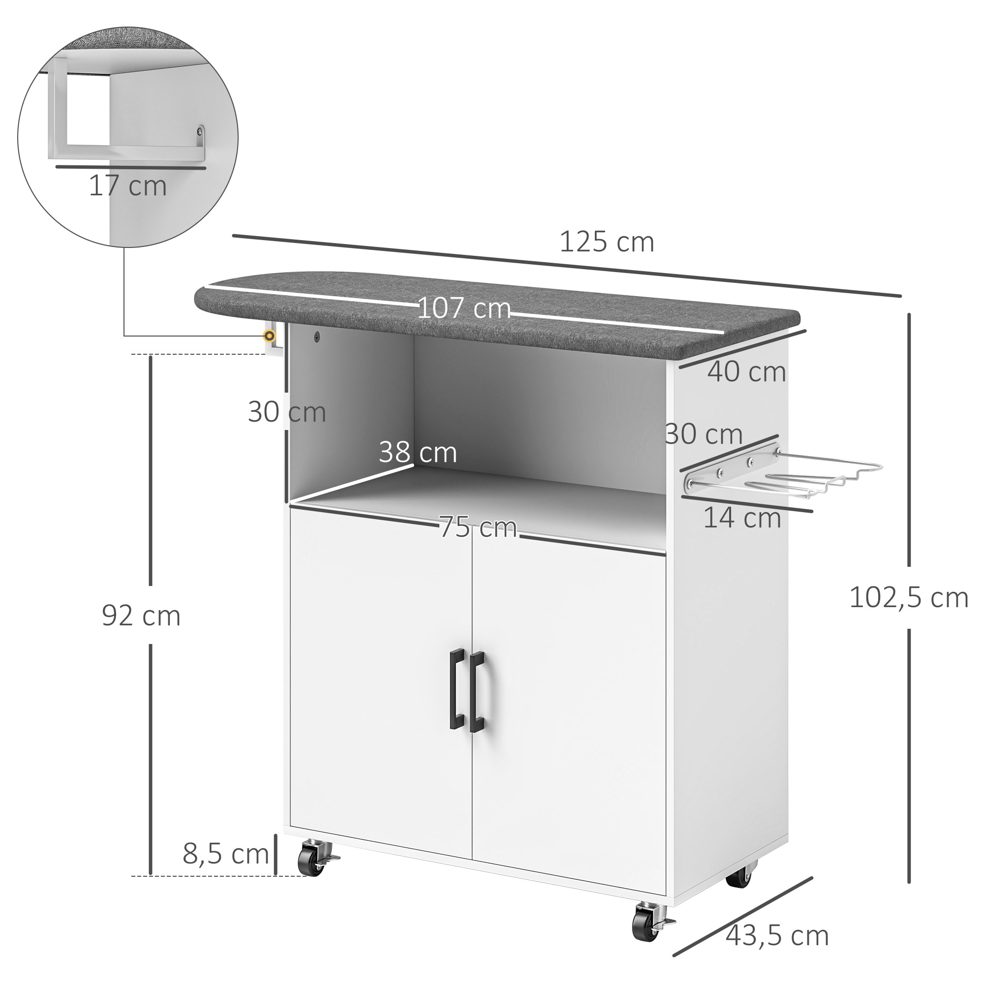 Mueble de Plancha con Ruedas Mueble de Planchado con Barra para Colgar Ropa Estante Abierto y Tabla de Planchar 125x43,5x102,5 cm Blanco