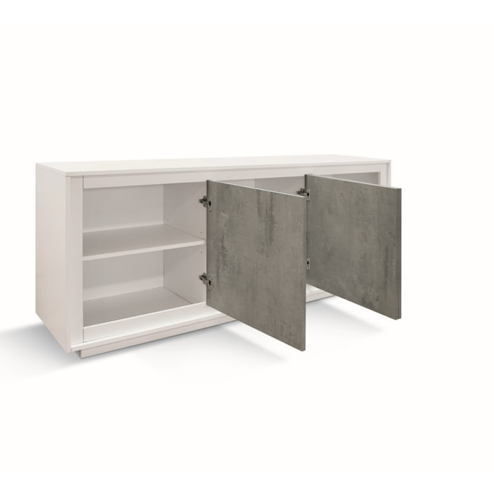 Credenza LAMPEDUSA in legno, finitura bianco frassinato, ante finitura grigio cemento, 180x50 cm