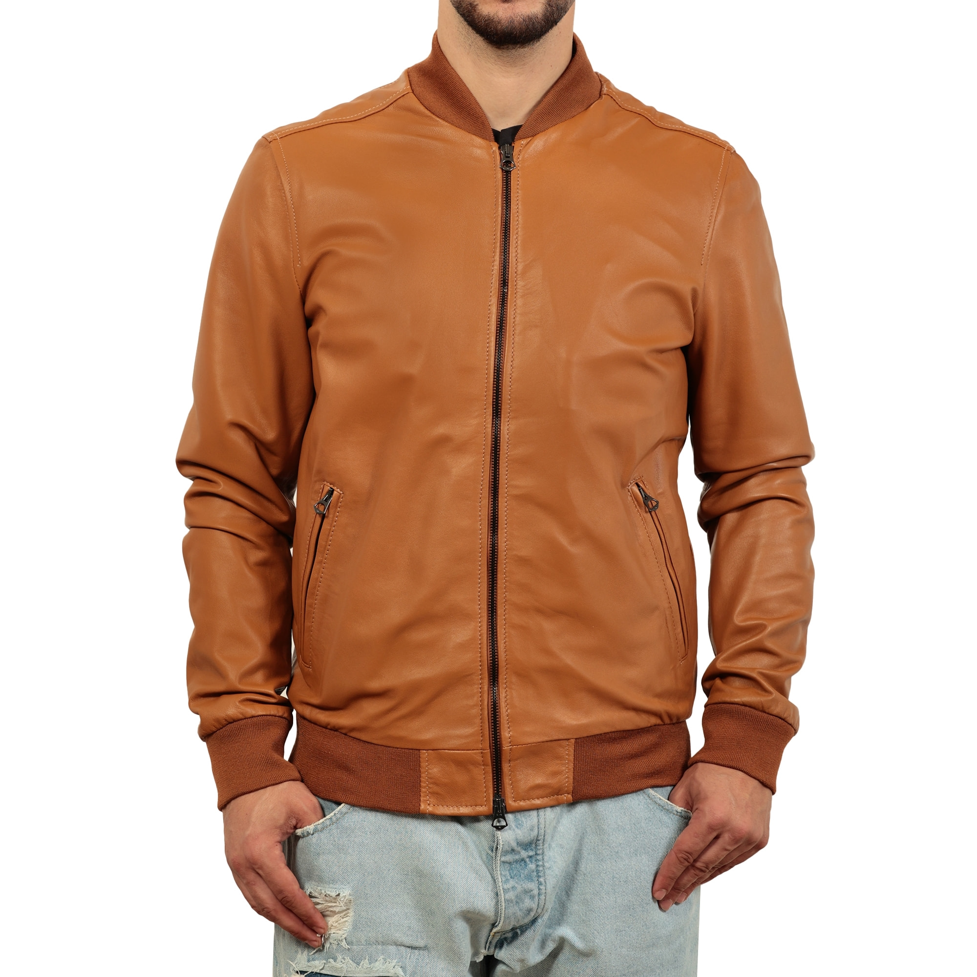 Giubbino in vera pelle di vitello color cuoio-Slim Fit