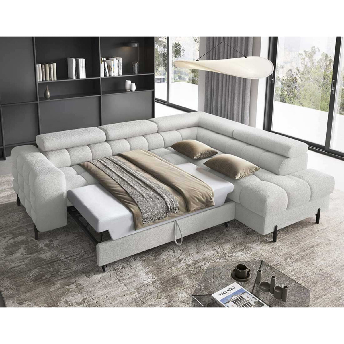 Elisa - canapé d'angle droit 5 places convertible avec coffre et têtières réglables en tissu bouclette - Gris clair