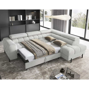 Elisa - canapé d'angle droit 5 places convertible avec coffre et têtières réglables en tissu bouclette - Gris clair