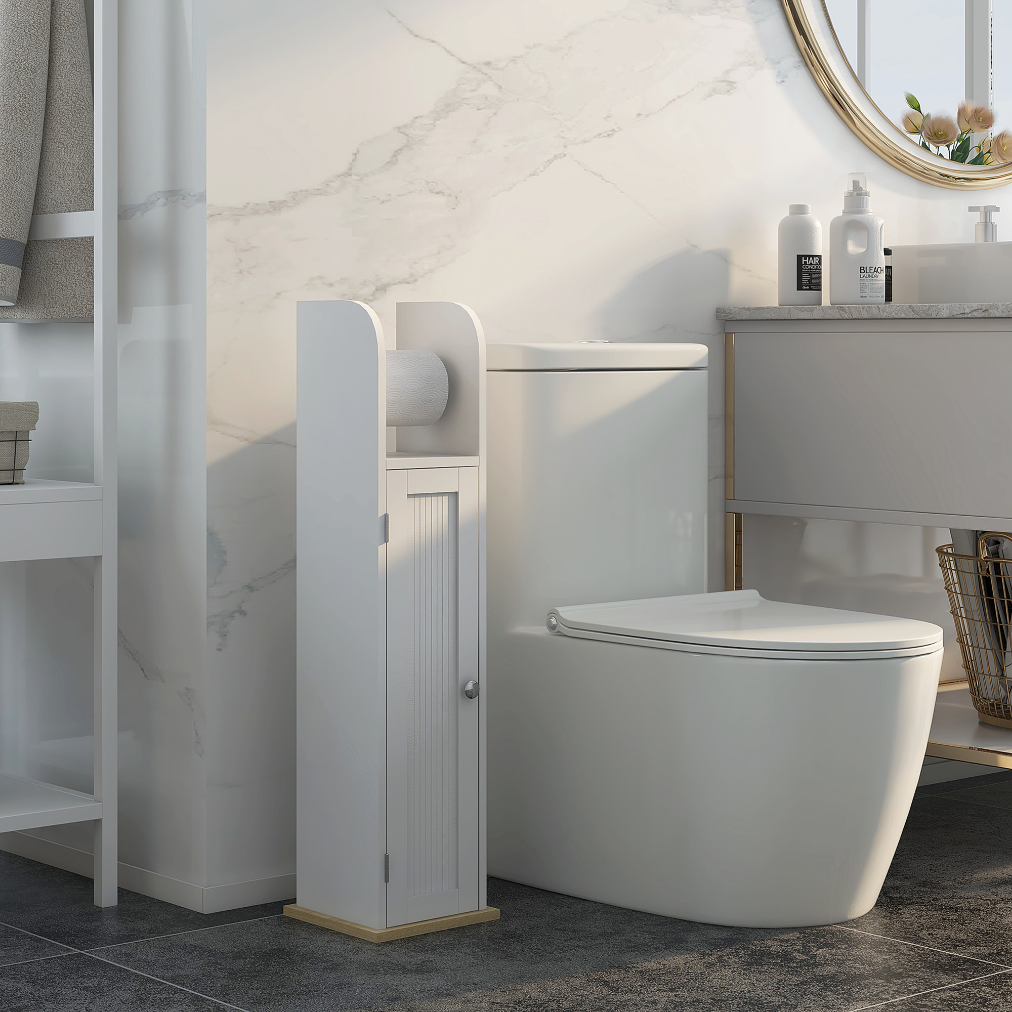 Mueble Auxiliar de Baño Columna de Baño Mueble de Suelo de Baño con Estantes Ajustables y Portarrollos de Papel 20x20x80 cm Blanco