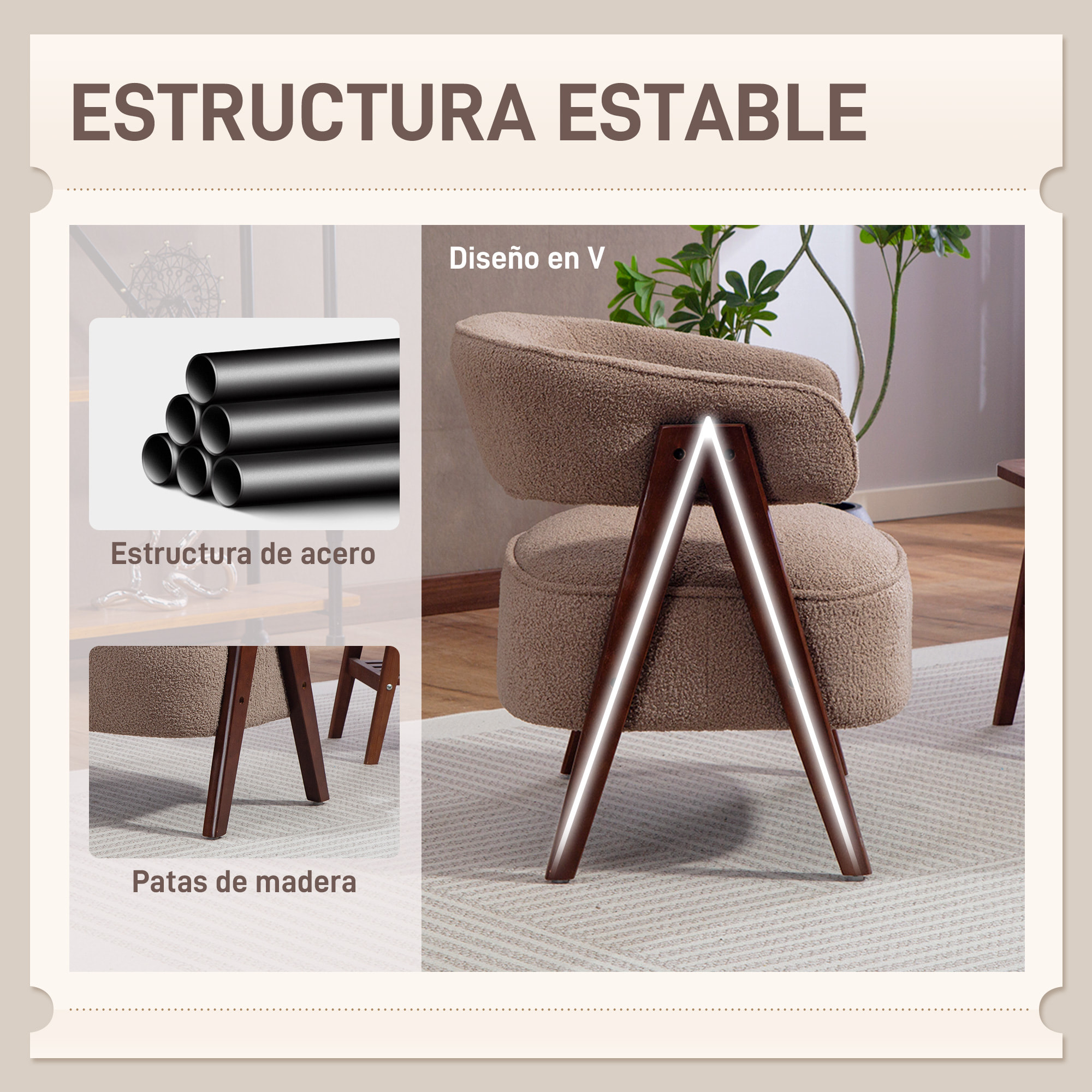 Butaca de Salón Tapizada en Borreguito, Sillón de Lectura Acolchado Grueso y Moderno, Asiento Ancho, Patas de Madera, Respaldo Curvado, para Dormitorio, Oficina, Marrón Claro