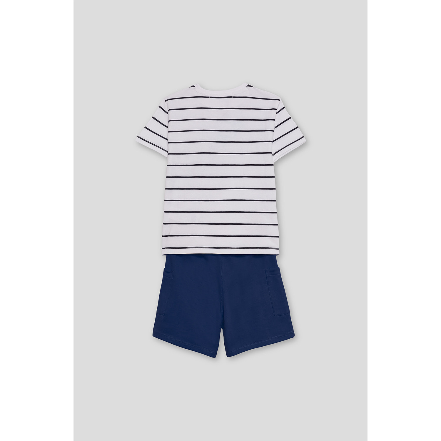 Conjunto Niño Verano 2 Piezas Camiseta de Rayas Blanca y Azul con Bolsillo Estampado Tropical + Bermuda Azul Marino, Transpirable | Color: Rayas azul | Street Monkey