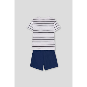 Conjunto Niño Verano 2 Piezas Camiseta de Rayas Blanca y Azul con Bolsillo Estampado Tropical + Bermuda Azul Marino, Transpirable | Color: Rayas azul | Street Monkey