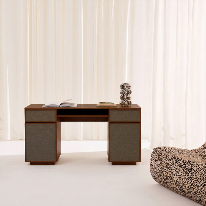 Bureau décor bois et tissu 2 portes 2 tiroirs 1 niche 140cm KUBA
