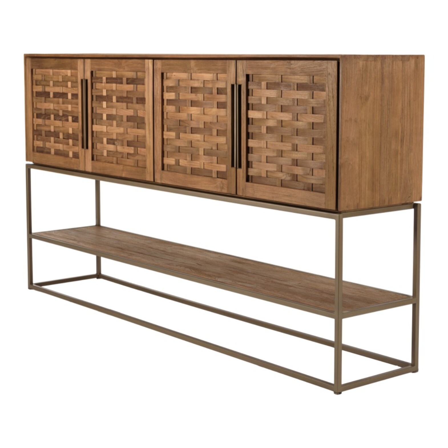 SIXTINE - Buffet en bois de teck recyclé 4 portes en tissage de bambou