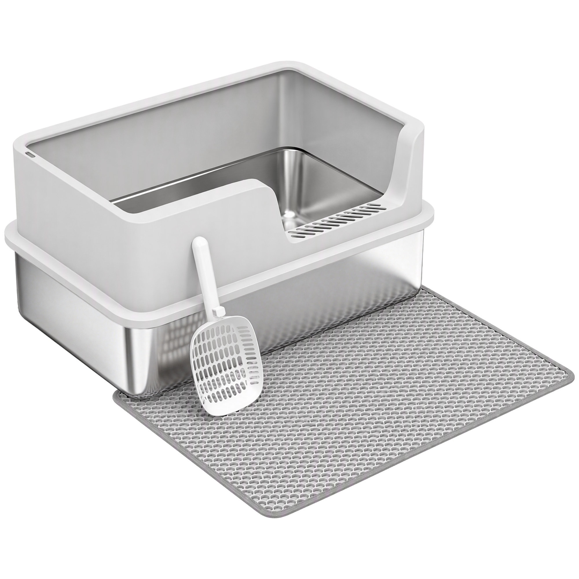Bac à litière chat acier inox hauts rebords tapis pelle brosse