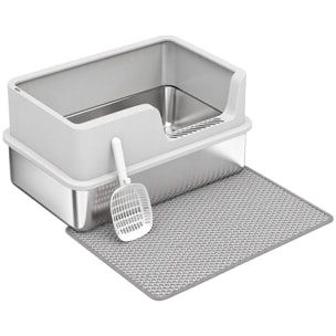 Bac à litière chat acier inox hauts rebords tapis pelle brosse