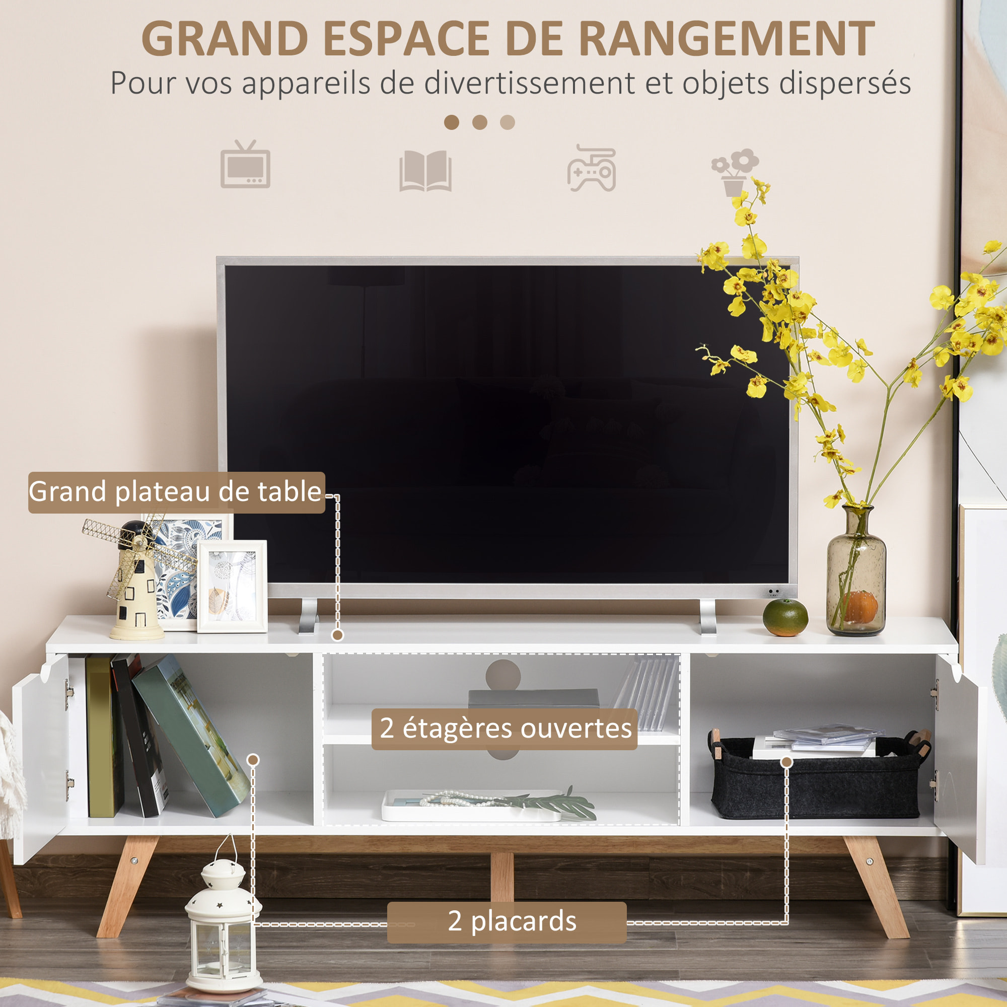 Meuble TV bas sur pied style scandinave 2 portes 2 niches passe-fils panneaux particules MDF blanc bois massif hévéa