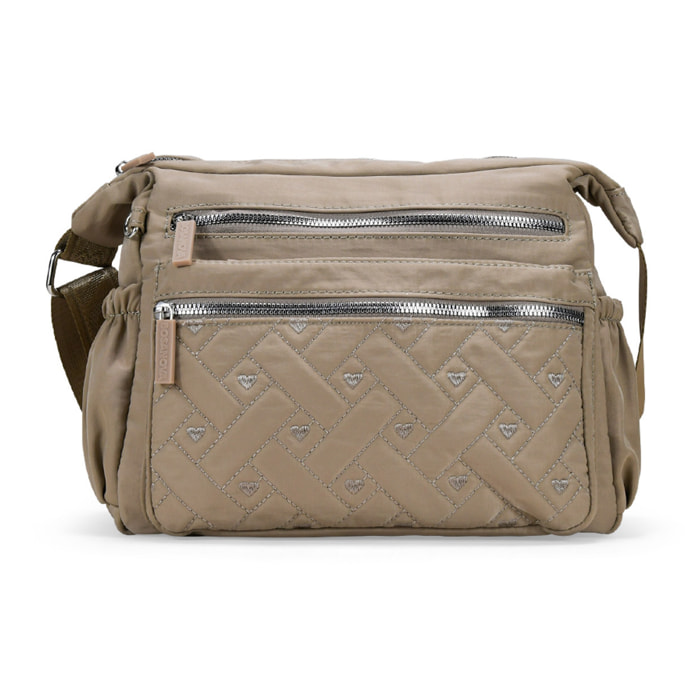Bolso bandolera tostado con cremallera y cosido de corazones