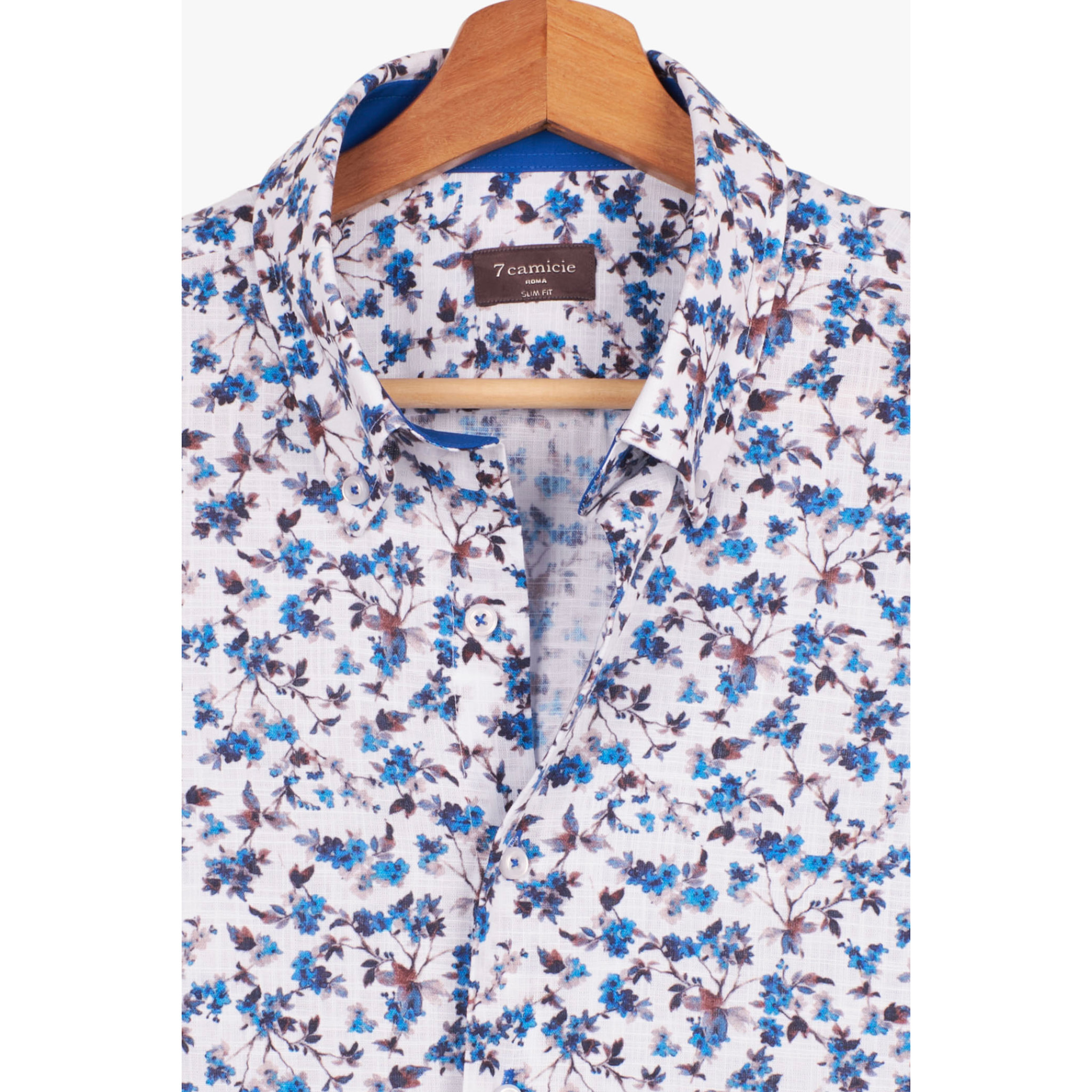 Camicia Uomo 1 Bottone Button Down Manica Corta Slim Cotone Stampato Bianco e Blu